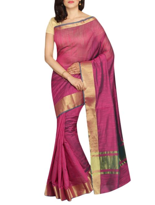 pink cotton blend bordered saree with blouse - 13327905 - Very Small Image - 1