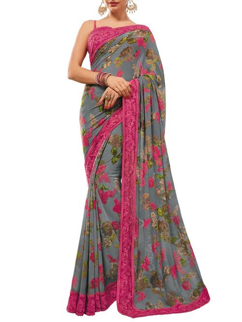 grey georgette printed saree with blouse - 13328266 - Very Small Image - 1