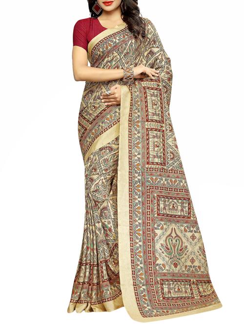 beige raw silk printed saree - 13330264 - Very Small Image - 1