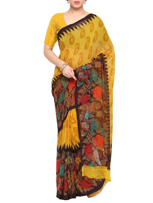 paisley printed mustard saree with blouse - 13335175 - Very Small Image - 1