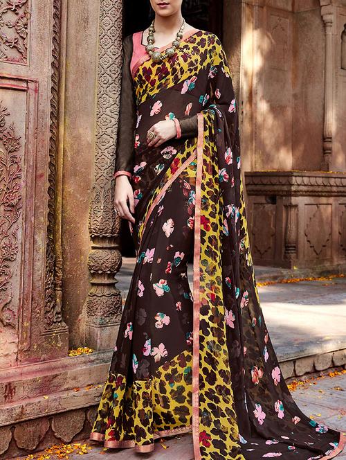 brown georgette printed saree with blouse - 13335890 - Very Small Image - 1