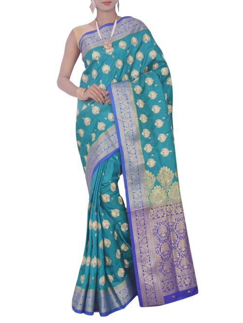 turquoise nylon banarasi saree with blouse - 13336280 - Very Small Image - 1