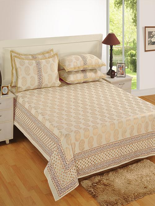 saavra beige colour cotton double bed sheet with 2 pillow covers - 13336830 - Very Small Image - 1