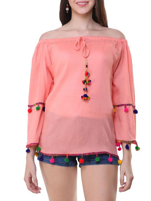 pom pom lace off shoulder top - 13337654 - Very Small Image - 1