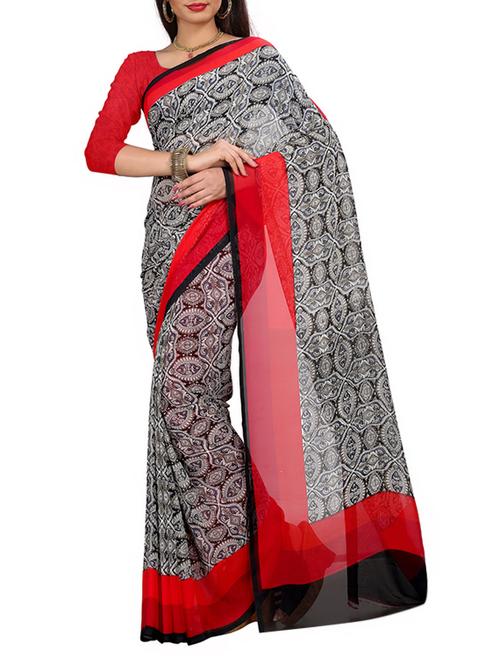 black georgette printed saree with blouse - 13338065 - Very Small Image - 1
