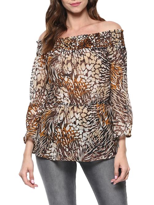 noor x mayra brown printed georgette off shoulder top - 13340459 - Very Small Image - 1
