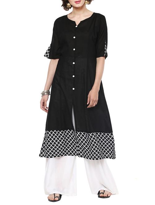 black cotton printed a-line kurta - 13343213 - Very Small Image - 1