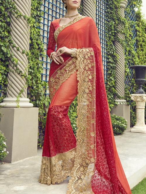 peach faux georgette embroidered saree with blouse - 13346339 - Very Small Image - 1