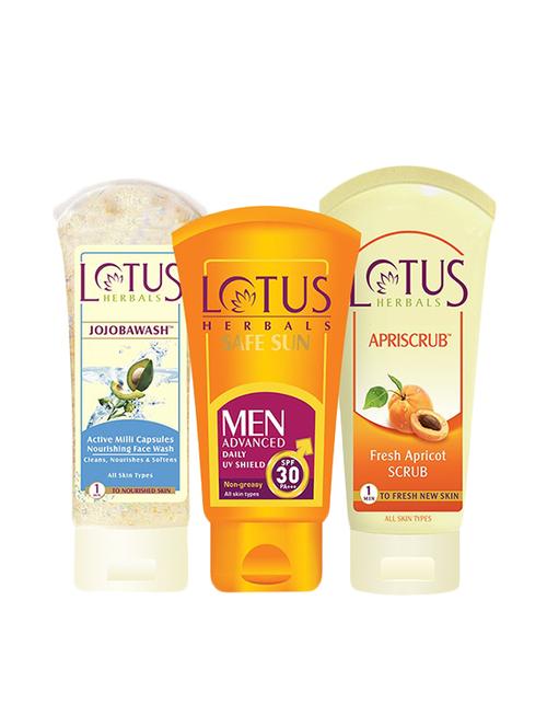 lotus herbal apri-scrub 100g & jojoba face wash 80 g & safe sun men advance 100 g combo - 13348854 - Very Small Image - 1