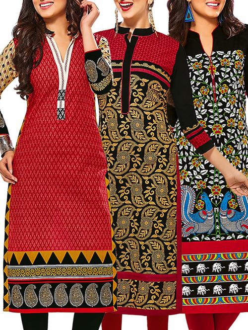 set of 3 multi colored cotton unstitched kurta - 13353357 - Very Small Image - 1