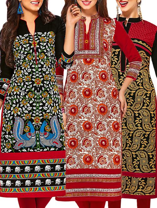 set of 3 multi colored cotton unstitched kurta - 13353369 - Very Small Image - 1