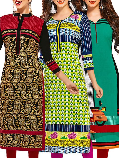 set of 3 multi colored cotton unstitched kurta - 13353461 - Very Small Image - 1