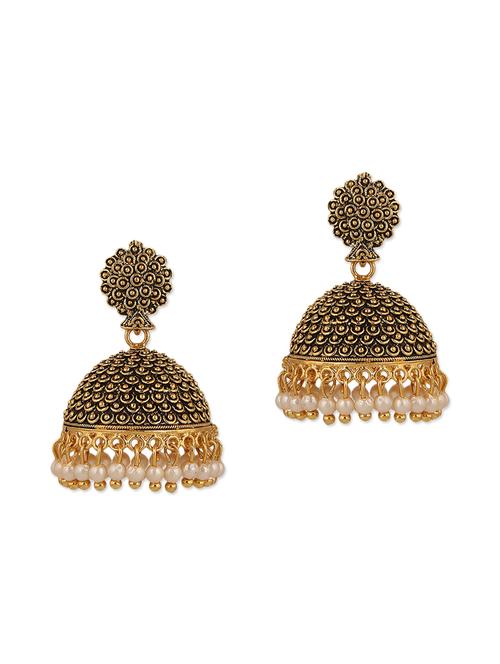 golden oxidized brass jhumka earrings - 13355925 - Very Small Image - 1
