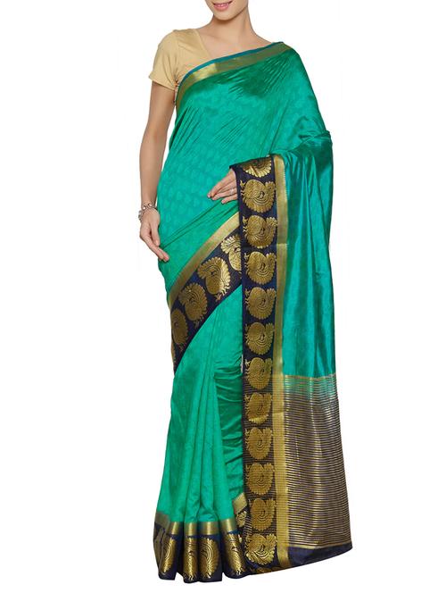 turquoise cotton blend saree with blouse - 13356631 - Very Small Image - 1
