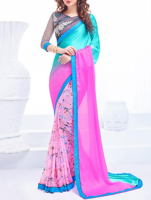pink georgette printed saree with blouse - 13356679 - Very Small Image - 1
