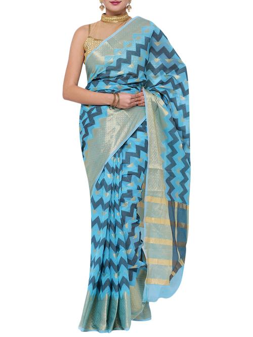 blue cotton silk chanderi saree with blouse - 13359594 - Very Small Image - 1