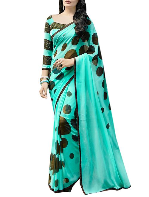 turquoise georgette printed saree with blouse - 13361859 - Very Small Image - 1