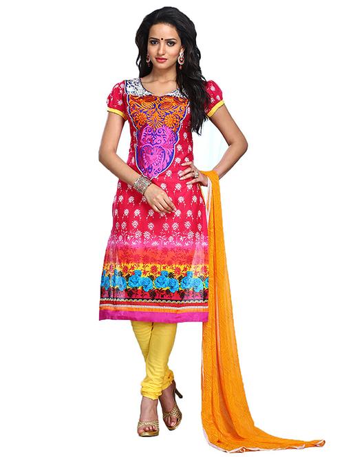 red cotton unstitched suit - 13363831 - Very Small Image - 1