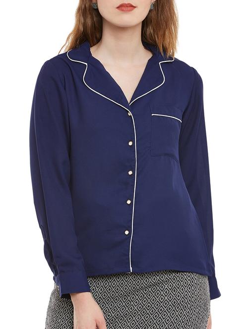 solid navy blue pyjama shirt - 13370121 - Very Small Image - 1