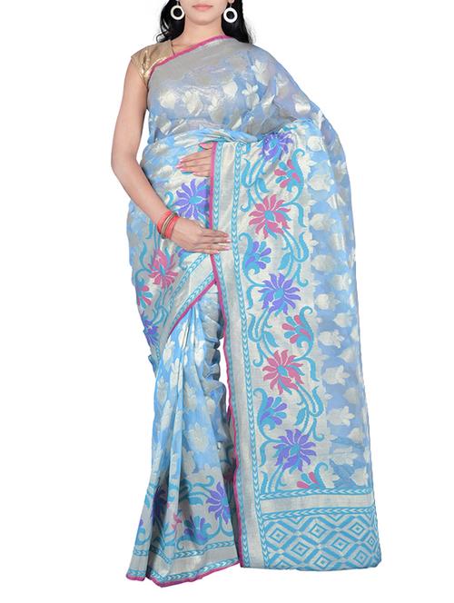 turquoise cotton silk woven saree with blouse - 13371121 - Very Small Image - 1