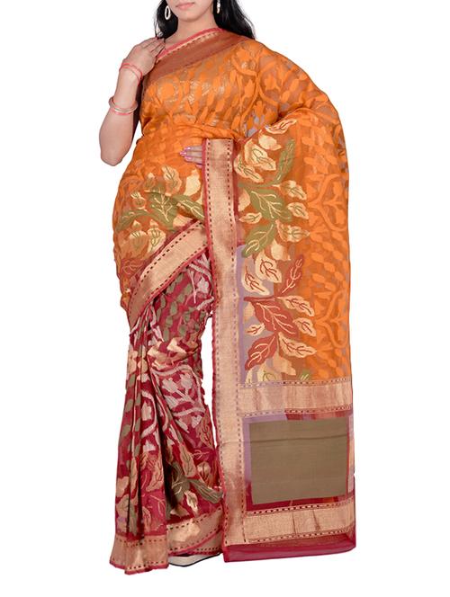 orange cotton silk woven saree with blouse - 13371123 - Very Small Image - 1