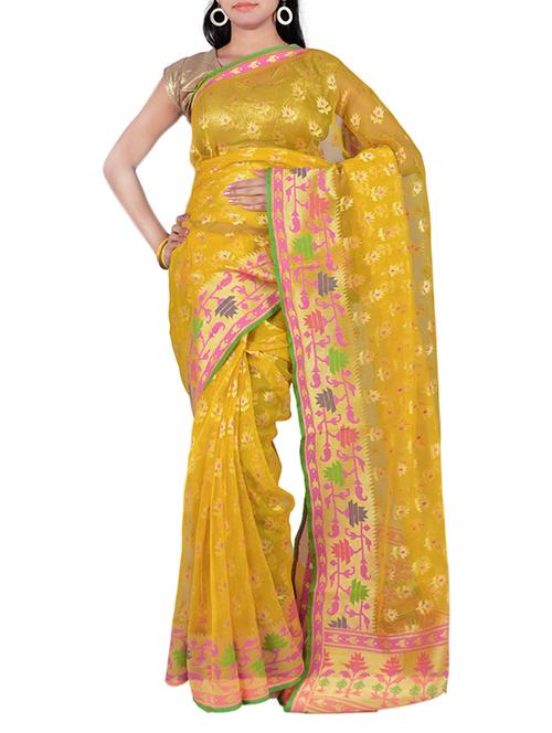 yellow cotton silk woven saree with blouse - 13371125 - Very Small Image - 1