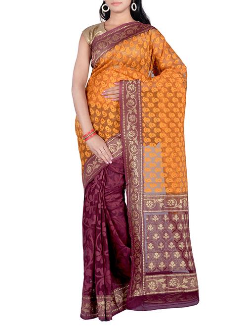 orange & maroon cotton silk half & half saree with blouse - 13371138 - Very Small Image - 1