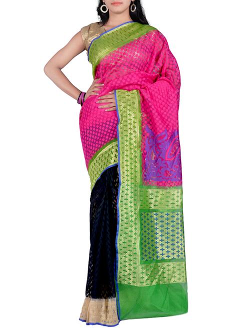 pink & black cotton silk half & half saree with blouse - 13371148 - Very Small Image - 1
