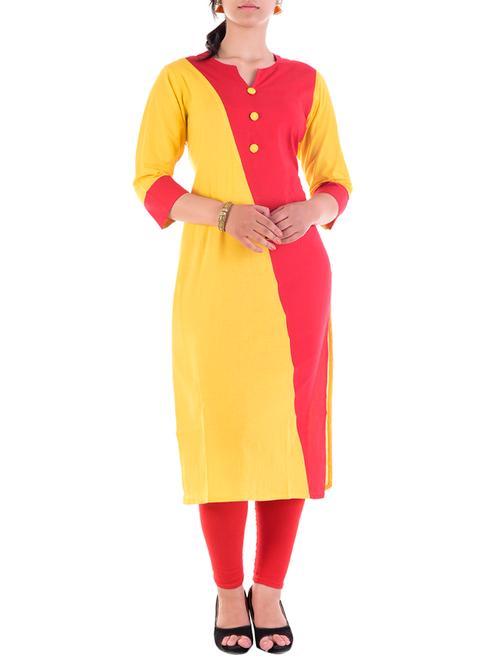 yellow & red cotton straight kurta - 13372873 - Very Small Image - 1