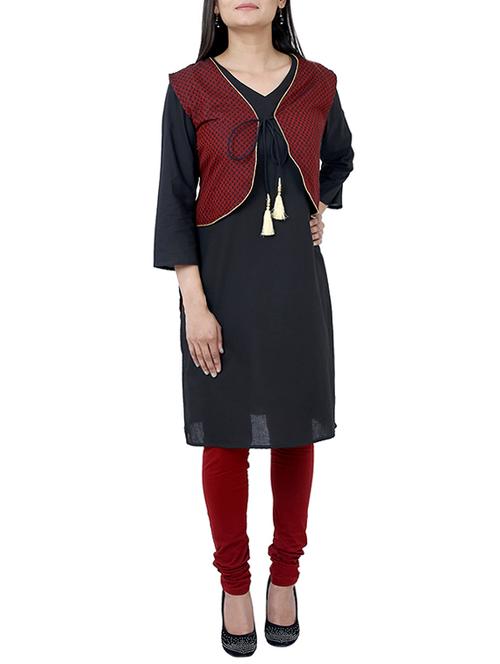 black cotton straight kurta with jacket - 13373522 - Very Small Image - 1