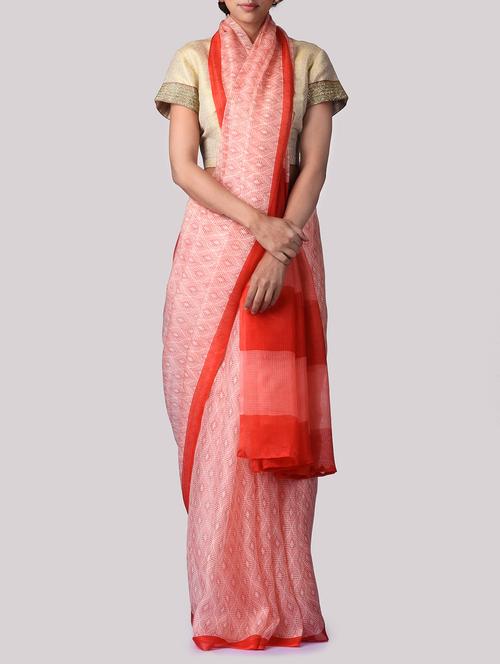 red and peach kota silk printed saree with blouse - 13375902 - Very Small Image - 1
