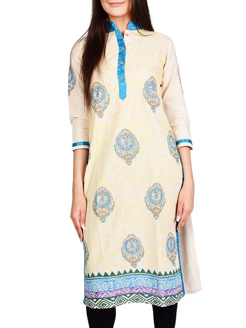 cream khadi printed straight kurta - 13377113 - Very Small Image - 1