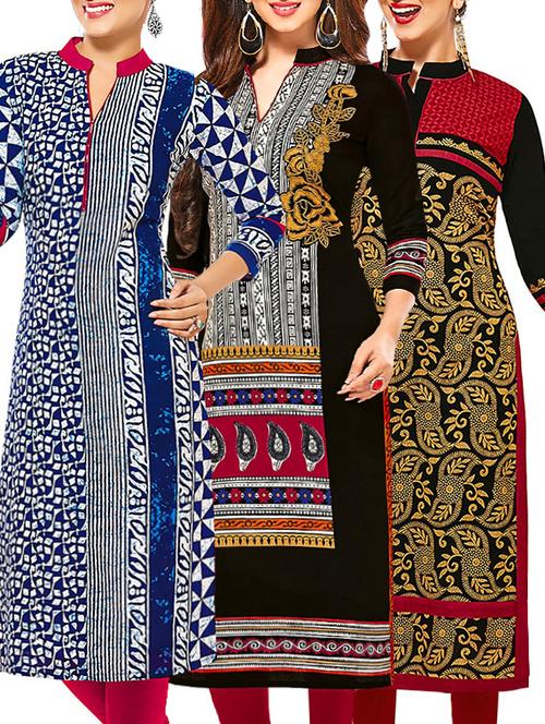set of 3 multi colored cotton unstitched kurti - 13377369 - Very Small Image - 1