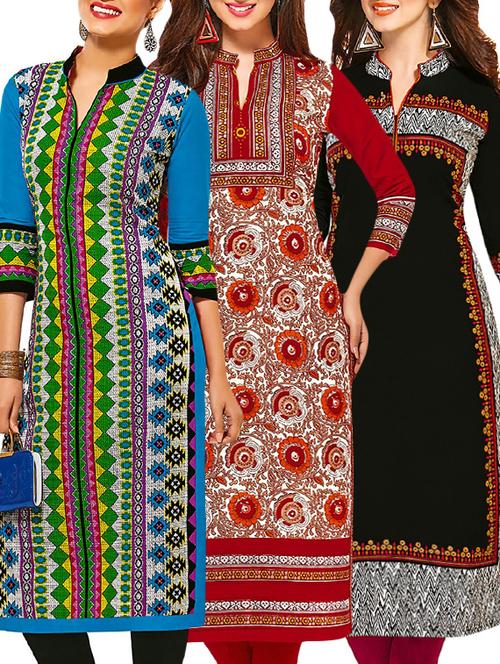 set of 3 multi colored cotton unstitched kurta - 13377475 - Very Small Image - 1
