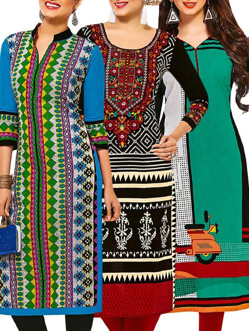 set of 3 multi colored cotton unstitched kurta - 13377558 - Very Small Image - 1