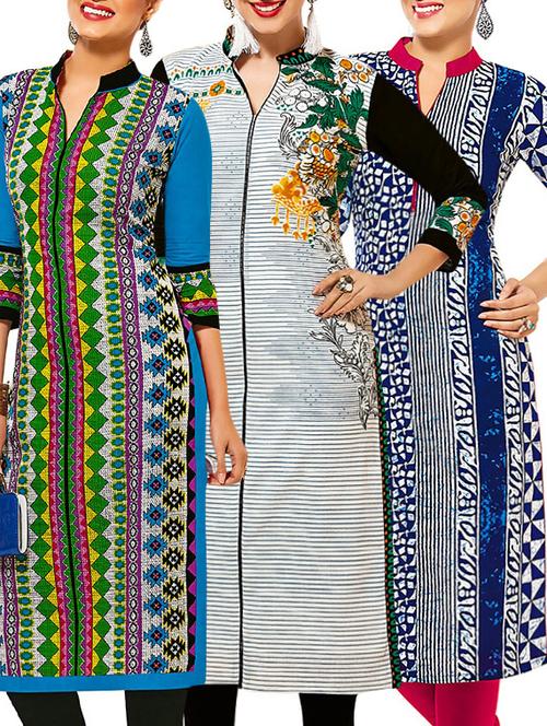 set of 3 multi colored cotton unstitched kurta - 13377595 - Very Small Image - 1