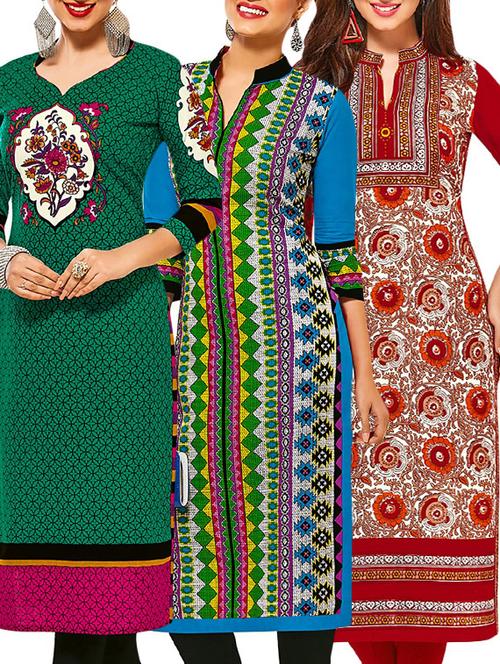 set of 3 multi colored cotton unstitched kurta - 13377610 - Very Small Image - 1