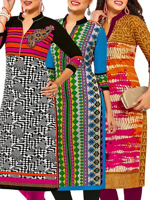 set of 3 multi colored cotton unstitched kurta - 13377643 - Very Small Image - 1