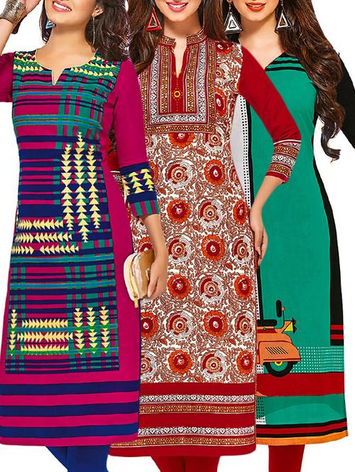 set of 3 multi colored cotton unstitched kurta - 13377770 - Very Small Image - 1