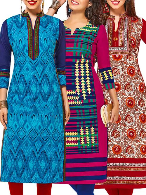 set of 3 multi colored cotton unstitched kurta - 13377865 - Very Small Image - 1