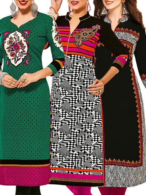 set of 3 multi colored cotton unstitched kurta - 13378009 - Very Small Image - 1