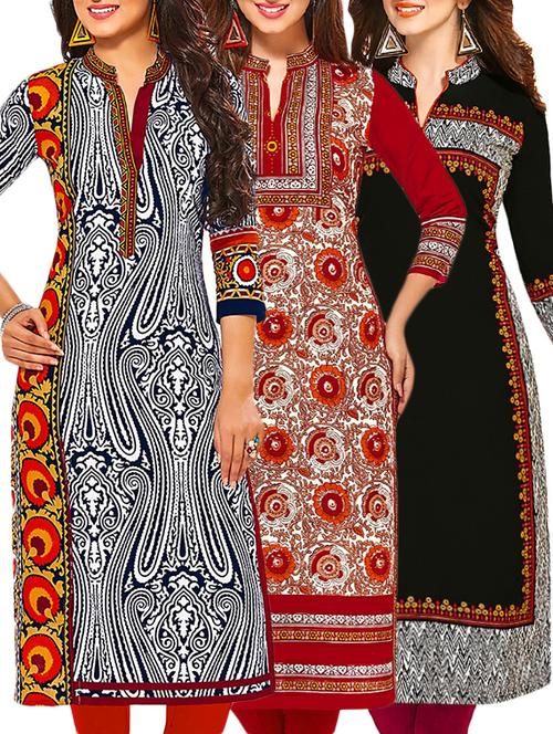 set of 3 multi colored cotton unstitched kurta - 13378066 - Very Small Image - 1