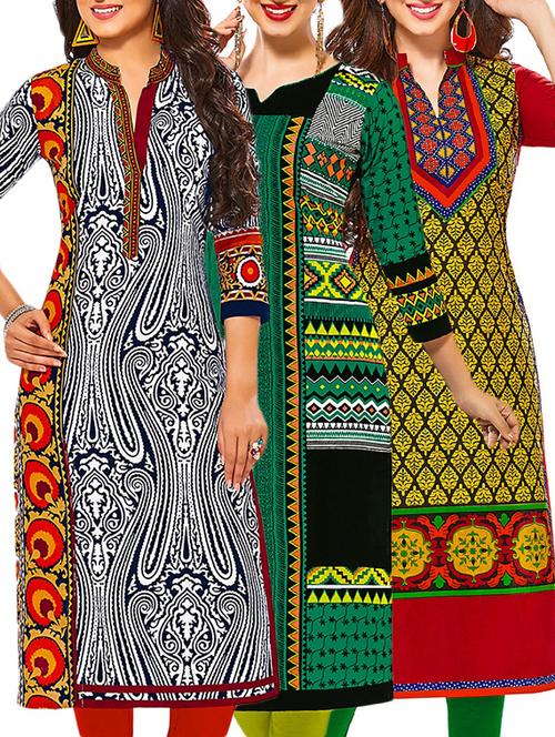 set of 3 multi colored cotton unstitched kurta - 13378118 - Very Small Image - 1
