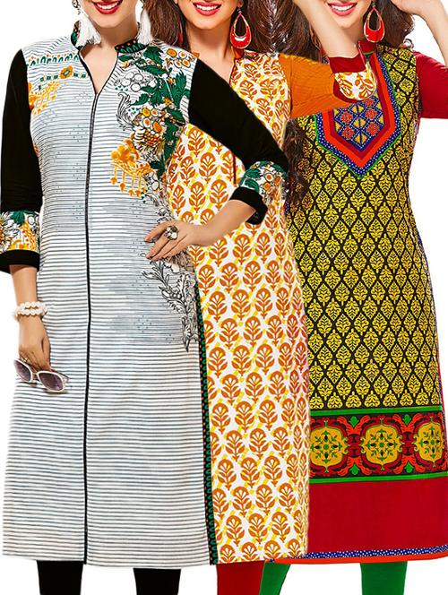 set of 3 multi colored cotton unstitched kurta - 13378154 - Very Small Image - 1