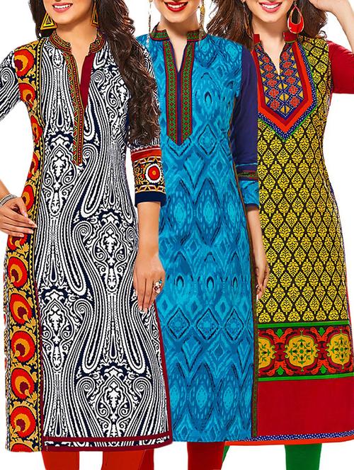 set of 3 multi colored cotton unstitched kurta - 13378228 - Very Small Image - 1