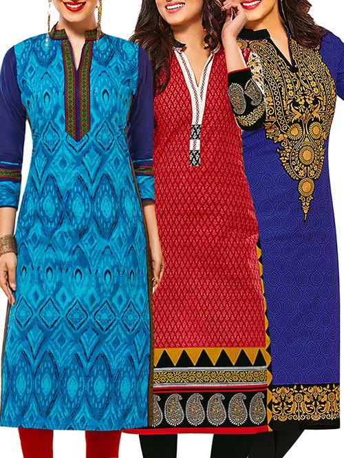 set of 3 multi colored cotton unstitched kurta - 13378432 - Very Small Image - 1