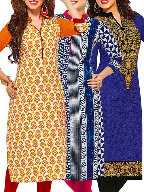 set of 3 multi colored cotton unstitched kurta - 13378438 - Very Small Image - 1
