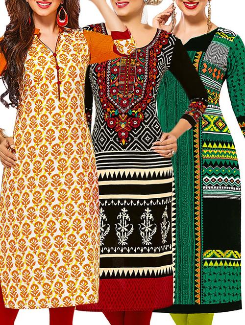 set of 3 multi colored cotton unstitched kurta - 13378566 - Very Small Image - 1