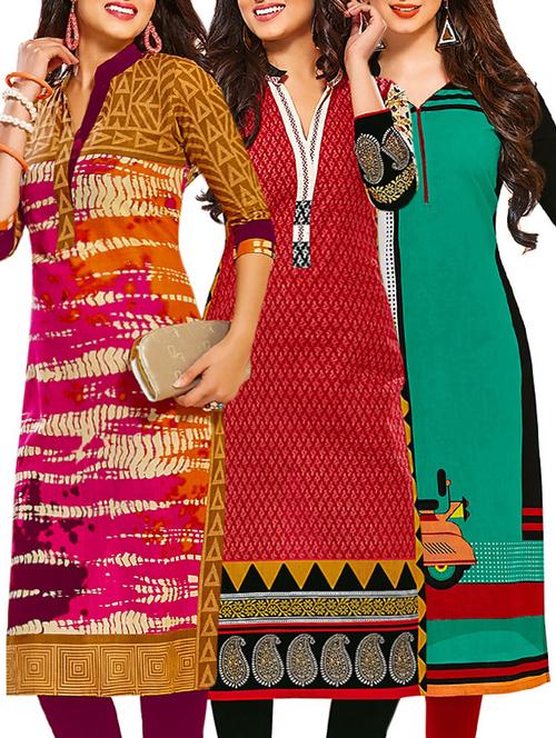 set of 3 multi colored cotton unstitched kurta - 13378655 - Very Small Image - 1