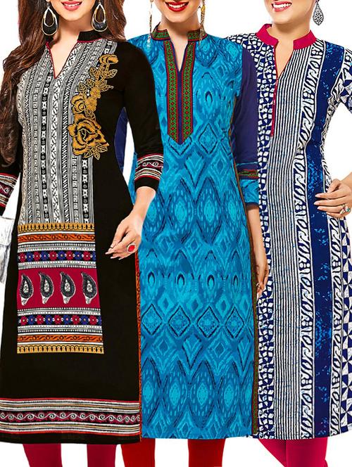 set of 3 multi colored cotton unstitched kurta - 13378977 - Very Small Image - 1